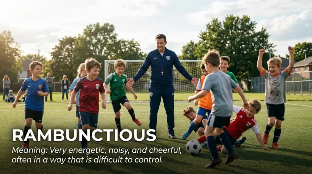 Very energetic, noisy, and cheerful, often in a way that is difficult to control.