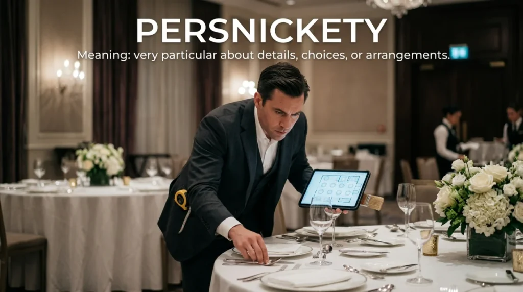 Very particular about details, choices, or arrangements.