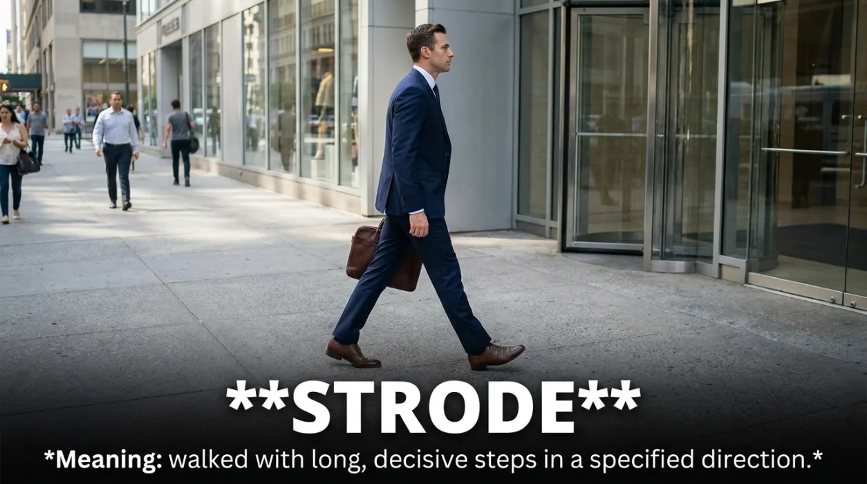 Walked with long, decisive steps in a specified direction.