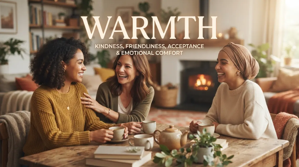 Warmth describes a kind, welcoming, and emotionally pleasant attitude toward others.