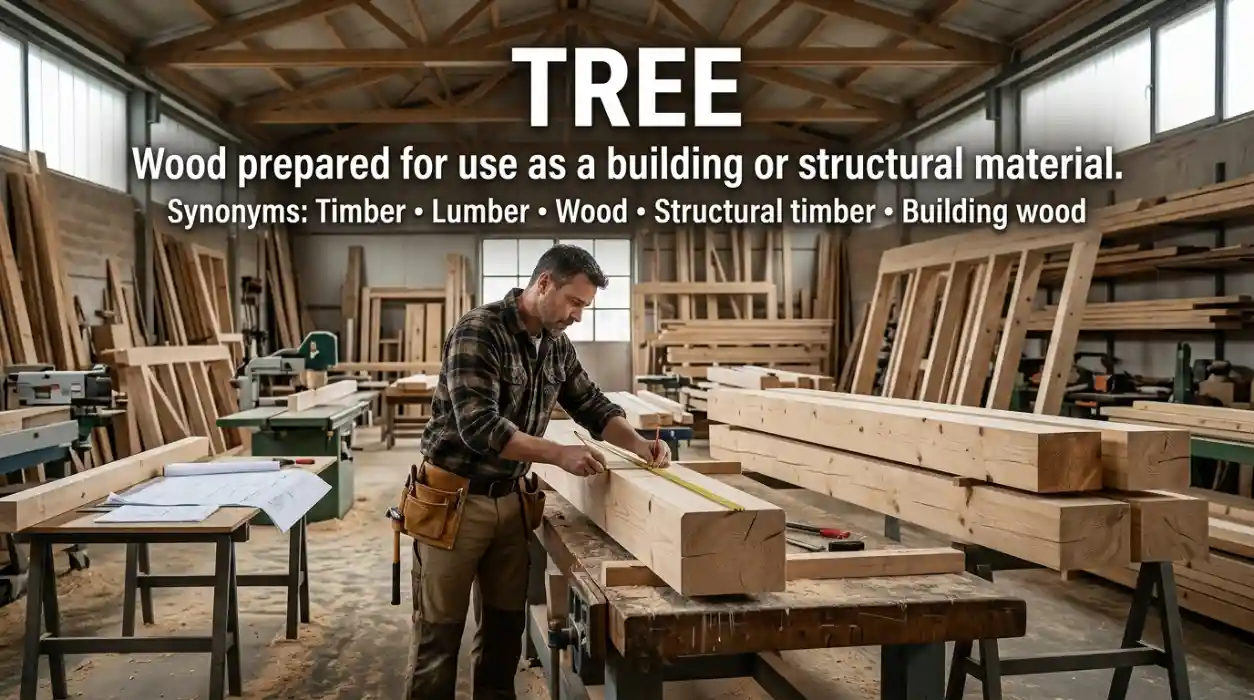 Wood prepared for use, especially as a building or structural material, rather than a living tree.