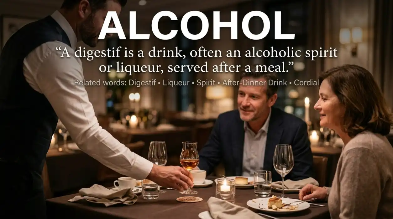  A digestif is a drink served after a meal, often an alcohol spirit or liqueur.