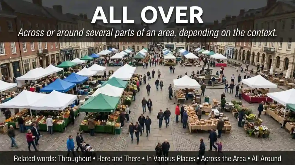 Across or around several parts of an area, depending on the sentence.