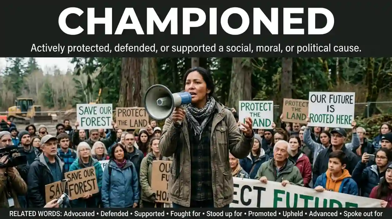 Synonym for championed meaning actively protected or supported a social, moral, or political cause