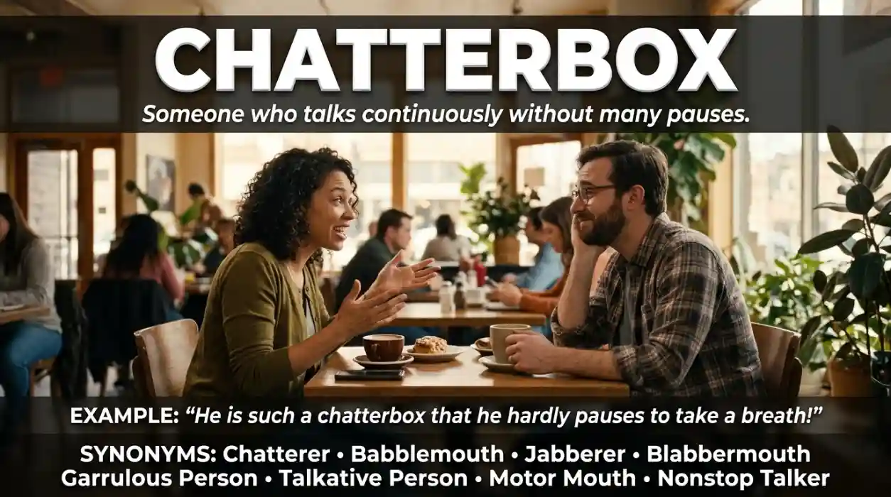 Synonyms for chatterbox describing someone whose talking seems to continue without a break