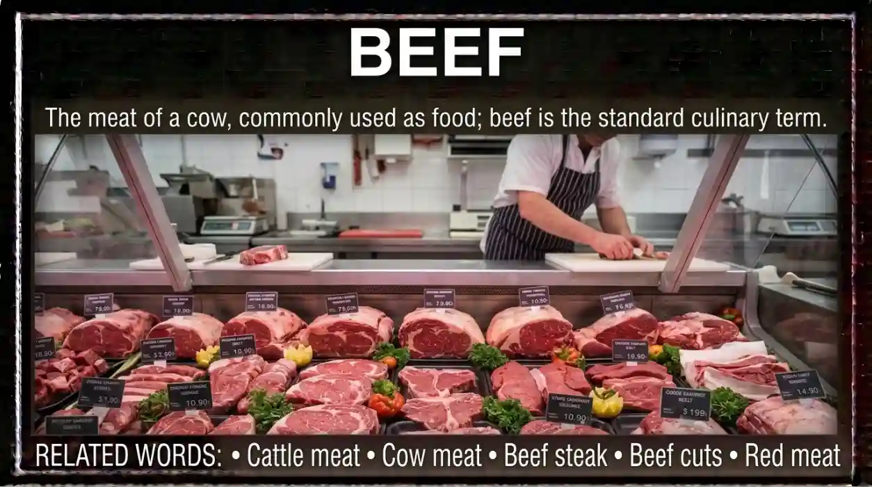 An informal descriptive phrase for meat from a cow, though beef is the standard culinary term.