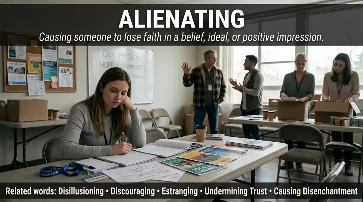 Causing someone to lose a belief, ideal, or positive impression.