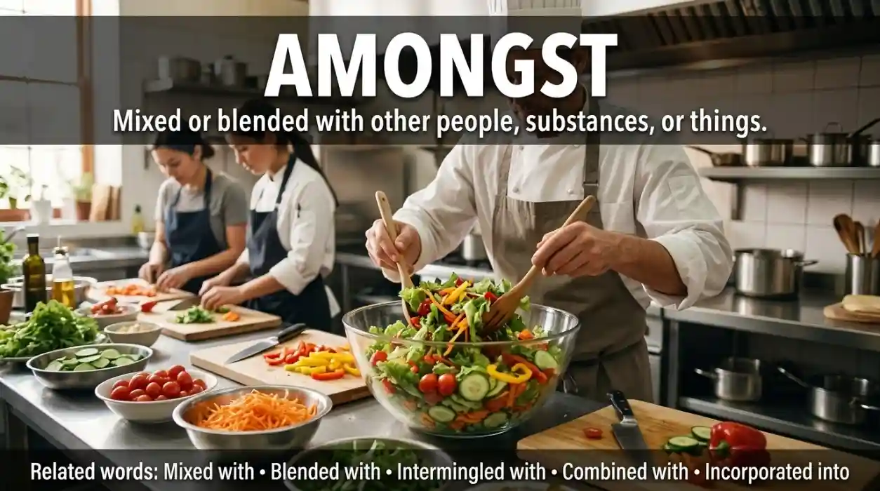 Combined or blended with other people, substances, or things.