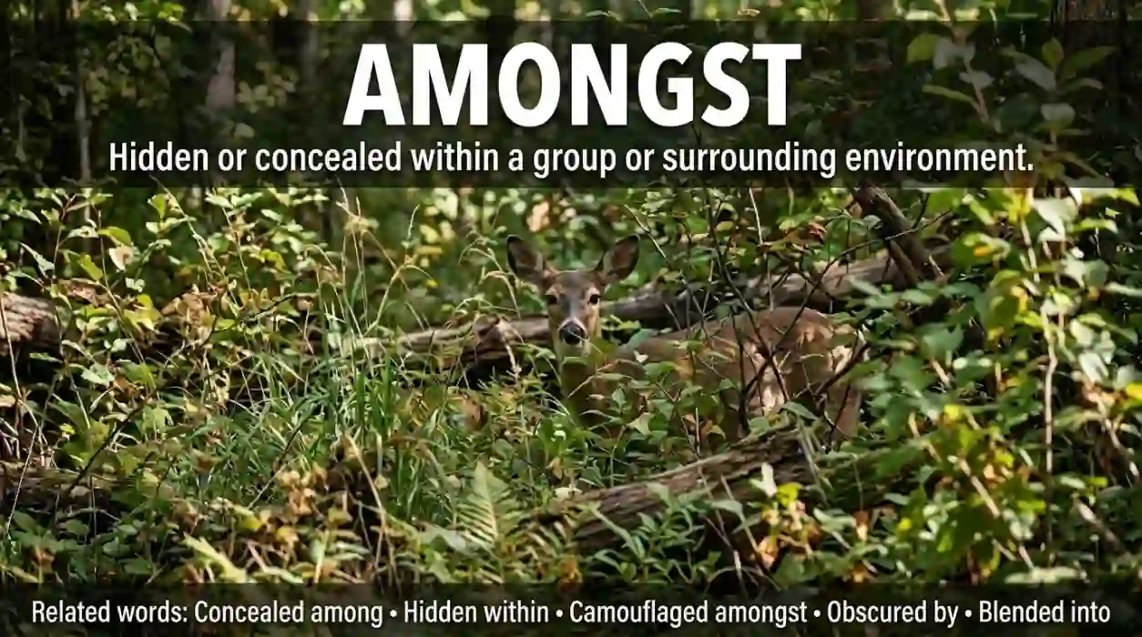 Concealed within a group or surrounding environment.