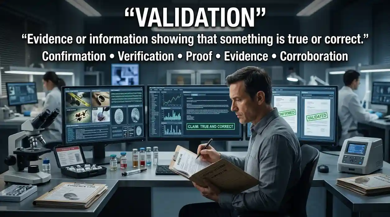 Validation describing evidence or information showing that something is true or correct.