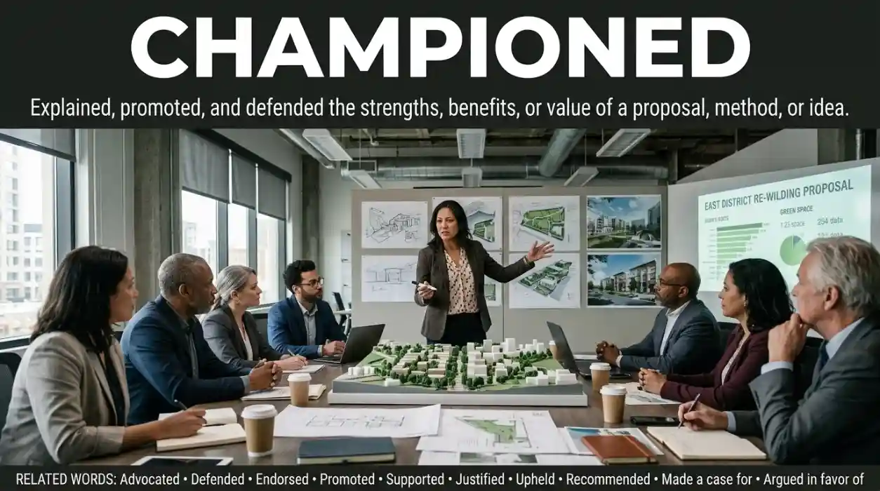 Synonym for championed meaning explained and defended the strengths or value of a proposal, method, or idea