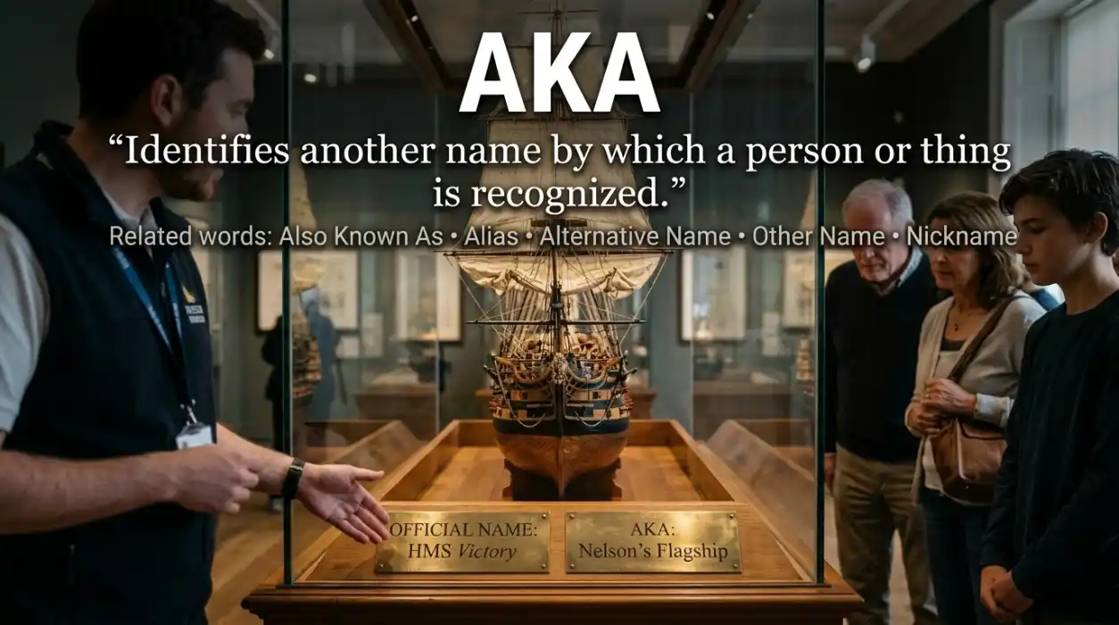 Identifies another name by which a person or thing is recognized.