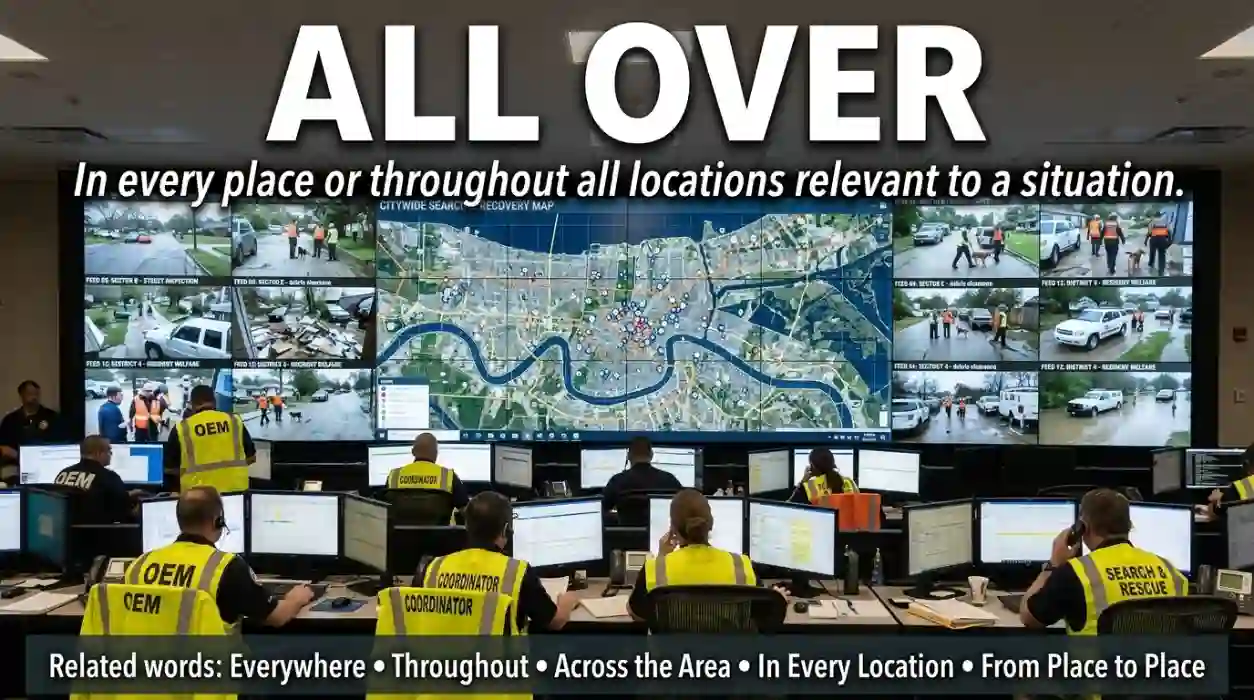 In every place or in all the places relevant to a situation.