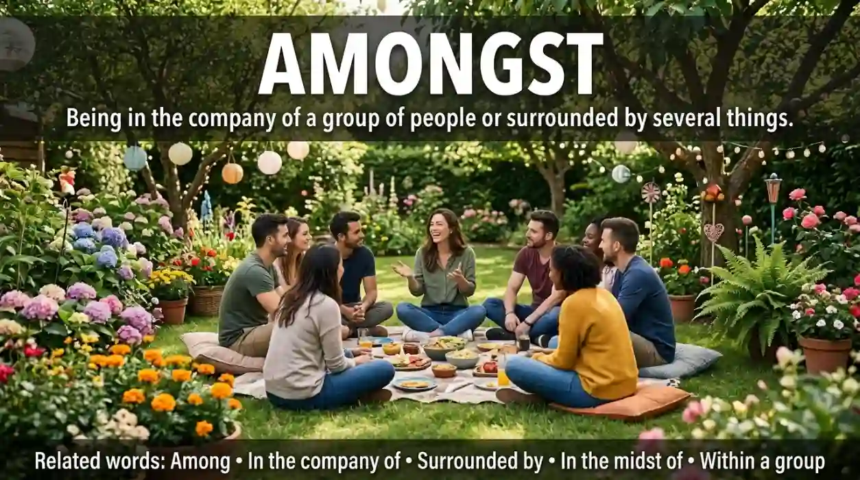 In the company of members of a group or surrounded by several things.