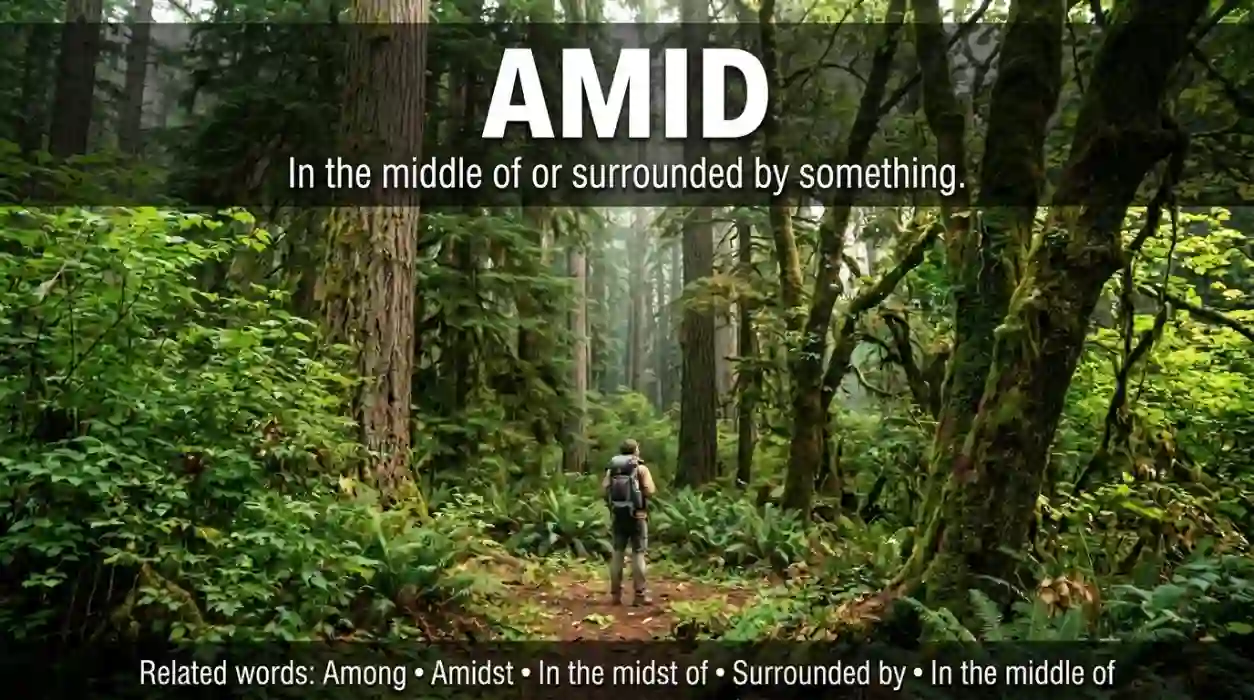 In the middle of something or surrounded by it.