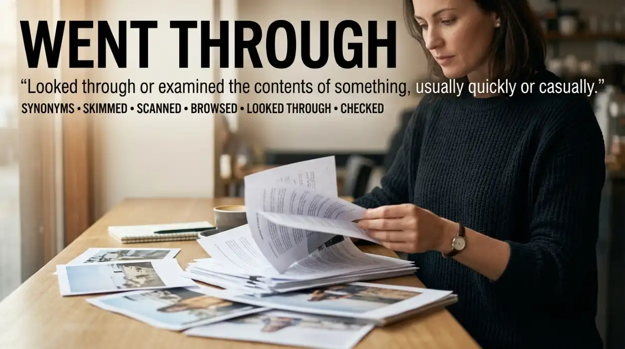 Looked through means examined the contents of something, usually quickly or casually.