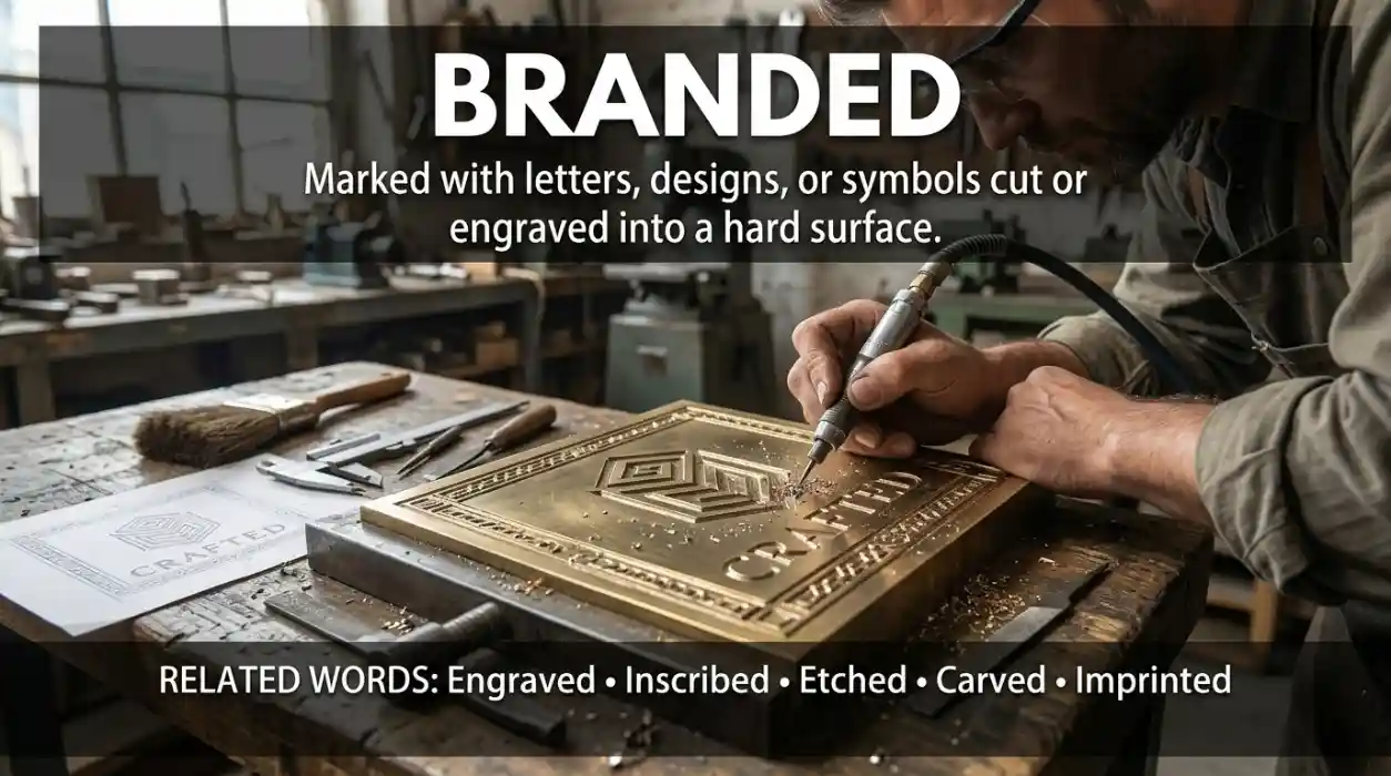 Marked by cutting letters or designs into a hard surface.