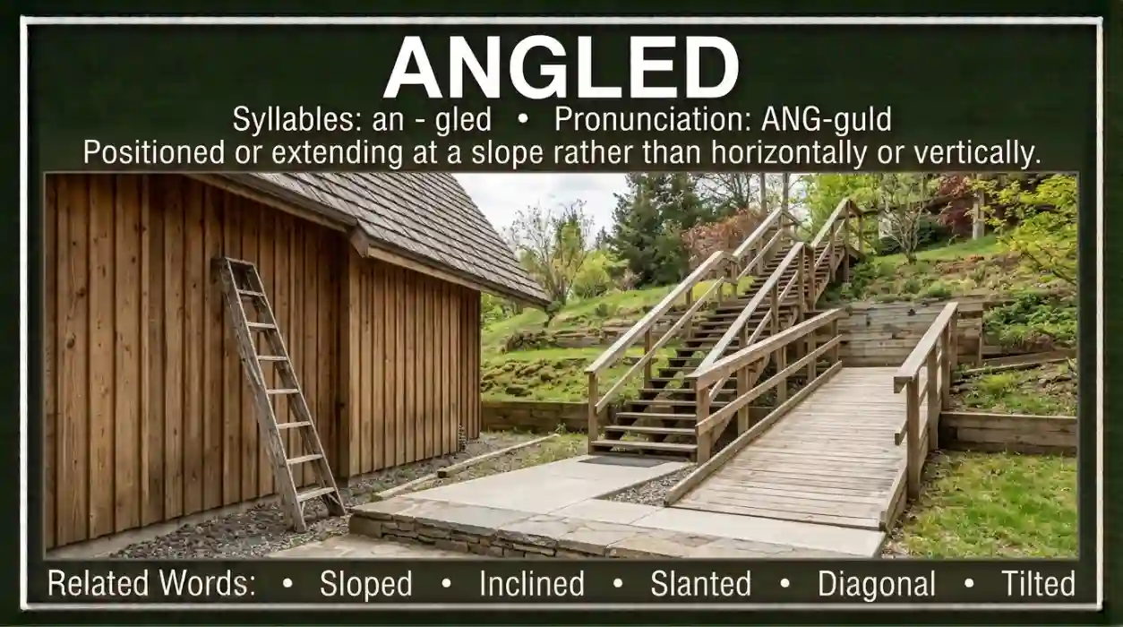 Positioned or extending at a slope rather than horizontally or vertically.