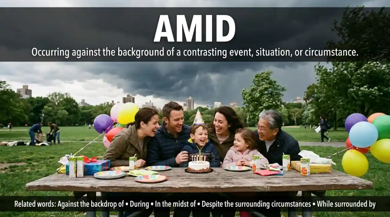 Presented in relation to a contrasting background, event, or situation.