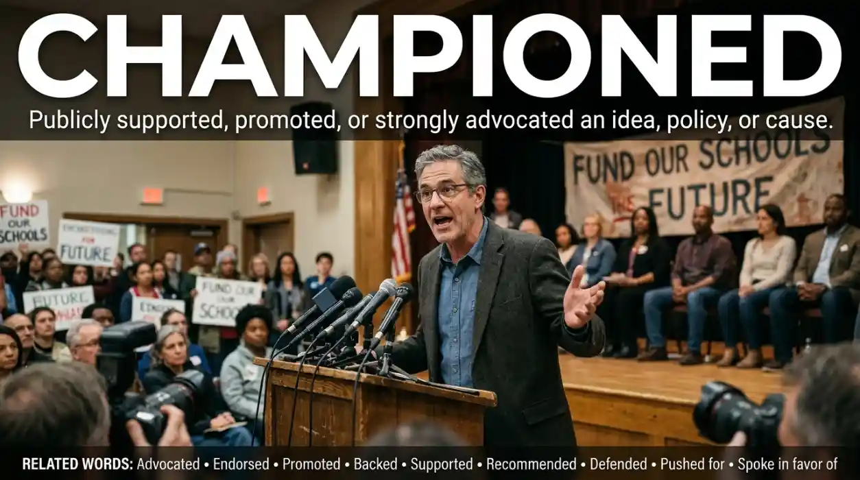 Synonym for championed meaning recommended or publicly supported an idea, policy, or cause