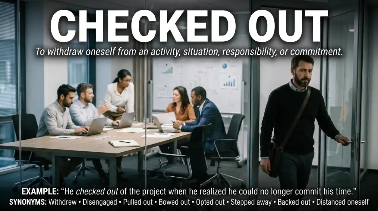Synonyms for checked out meaning removed oneself from an activity, situation, or commitment