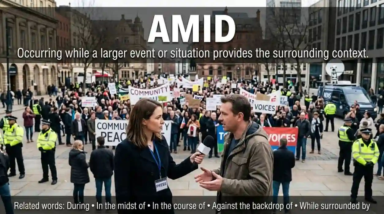 Taking place while a larger event or situation provides the background.