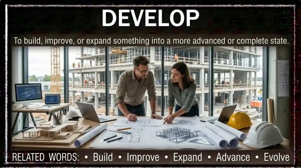 To build, extend, or bring something to a more advanced or complete state.