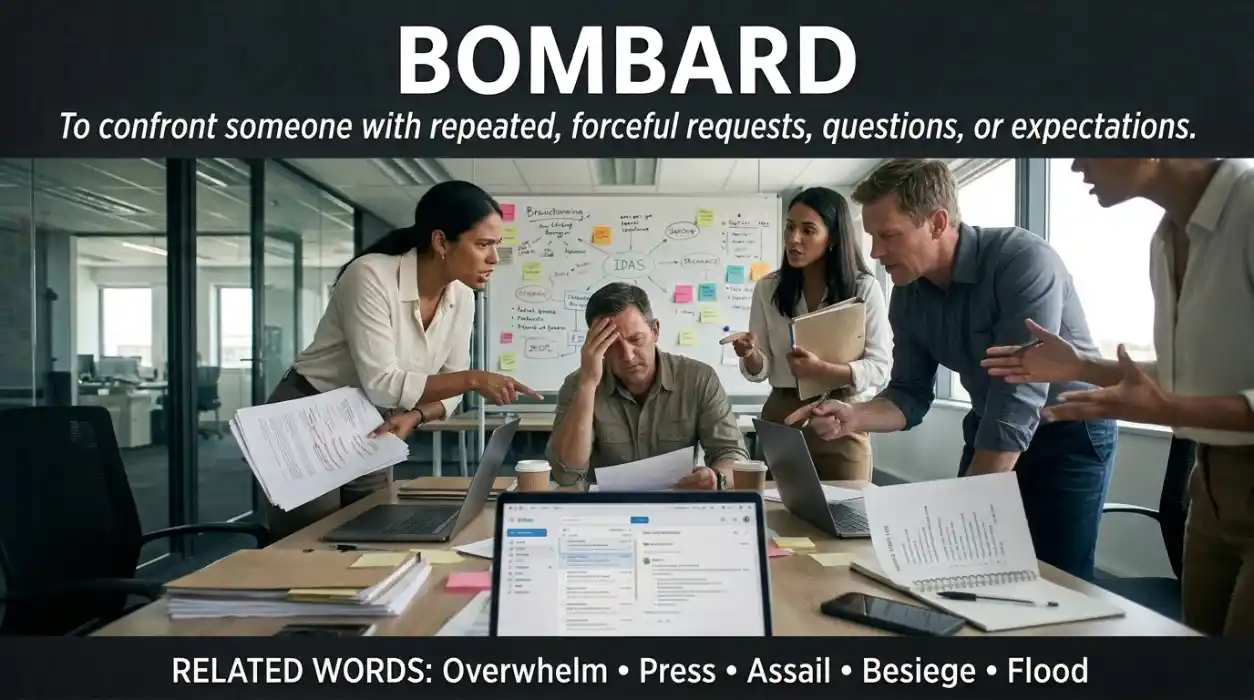 To confront someone suddenly with forceful requests or expectations.