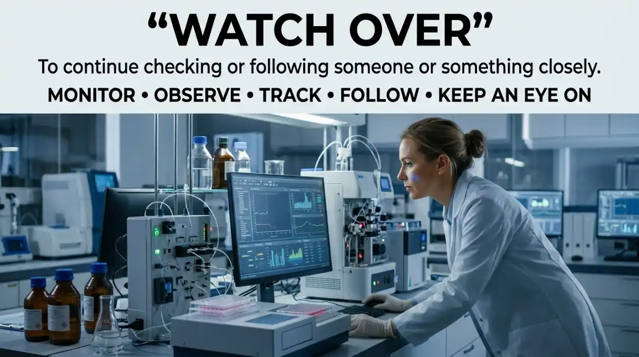 To continue checking or following someone or something closely.